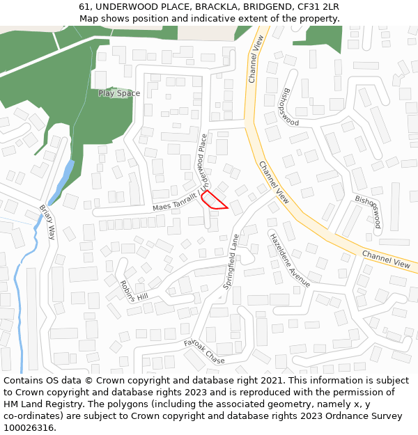 61, UNDERWOOD PLACE, BRACKLA, BRIDGEND, CF31 2LR: Location map and indicative extent of plot