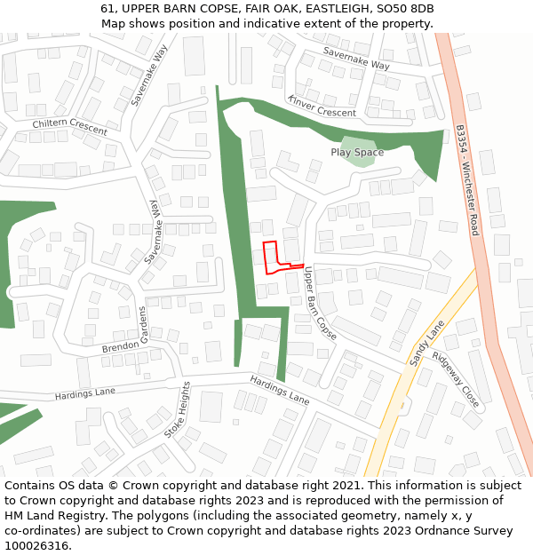 61, UPPER BARN COPSE, FAIR OAK, EASTLEIGH, SO50 8DB: Location map and indicative extent of plot