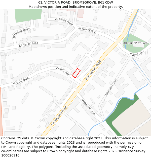 61, VICTORIA ROAD, BROMSGROVE, B61 0DW: Location map and indicative extent of plot