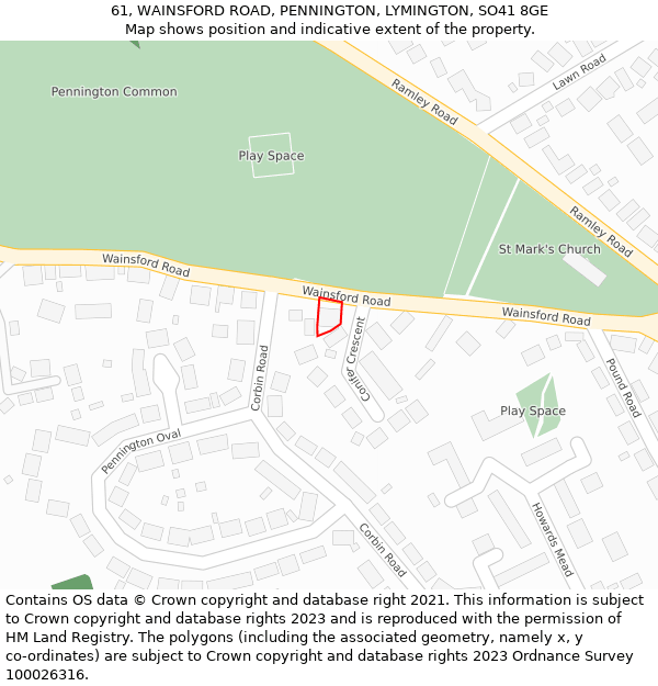 61, WAINSFORD ROAD, PENNINGTON, LYMINGTON, SO41 8GE: Location map and indicative extent of plot