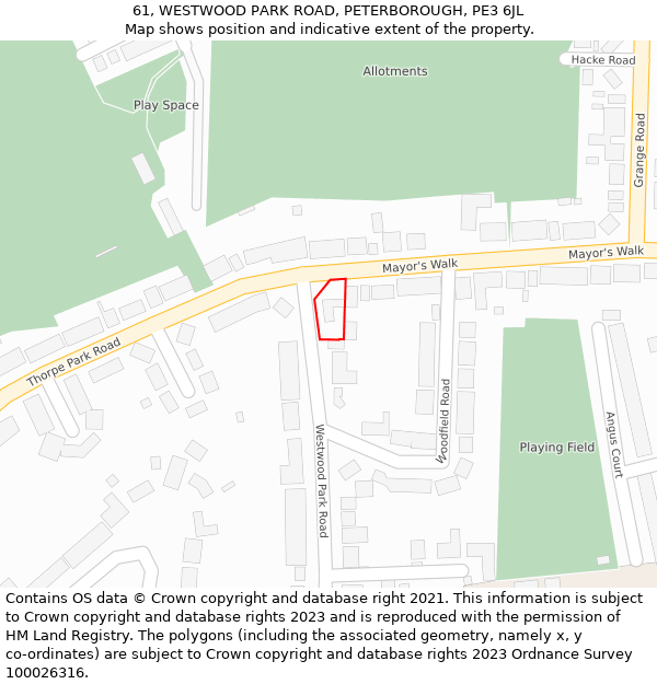 61, WESTWOOD PARK ROAD, PETERBOROUGH, PE3 6JL: Location map and indicative extent of plot