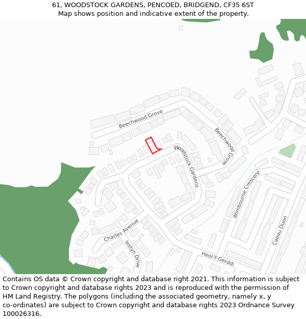 61, WOODSTOCK GARDENS, PENCOED, BRIDGEND, CF35 6ST: Location map and indicative extent of plot