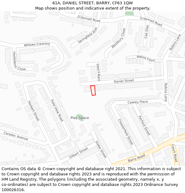 61A, DANIEL STREET, BARRY, CF63 1QW: Location map and indicative extent of plot