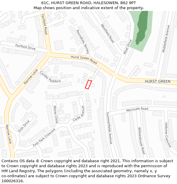 61C, HURST GREEN ROAD, HALESOWEN, B62 9PT: Location map and indicative extent of plot