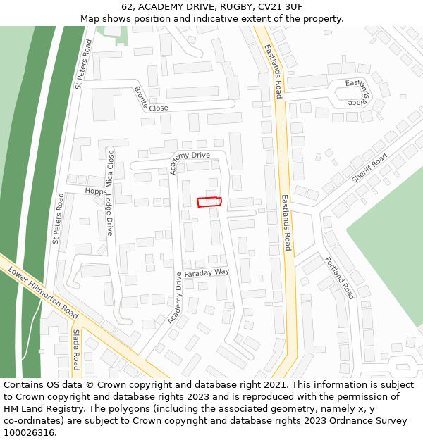 62, ACADEMY DRIVE, RUGBY, CV21 3UF: Location map and indicative extent of plot