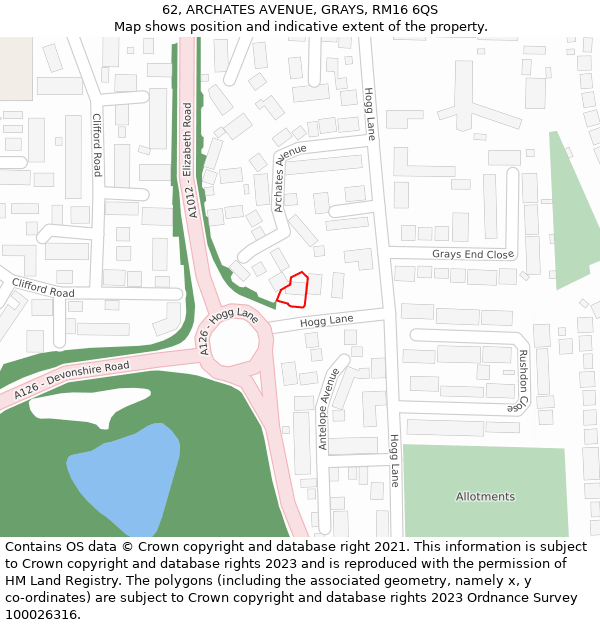 62, ARCHATES AVENUE, GRAYS, RM16 6QS: Location map and indicative extent of plot