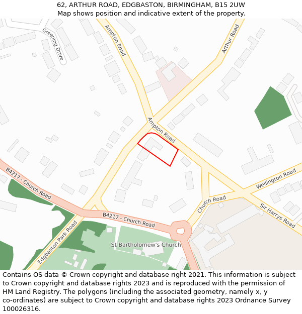 62, ARTHUR ROAD, EDGBASTON, BIRMINGHAM, B15 2UW: Location map and indicative extent of plot