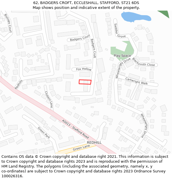 62, BADGERS CROFT, ECCLESHALL, STAFFORD, ST21 6DS: Location map and indicative extent of plot