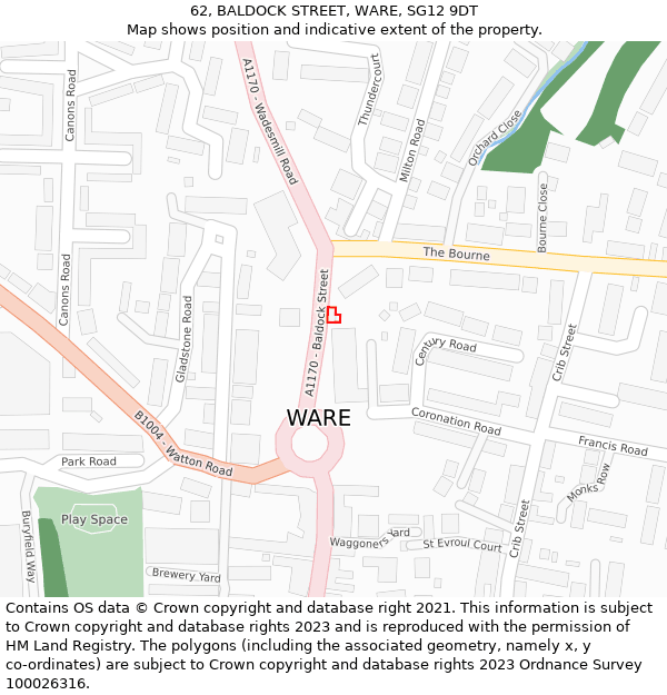 62, BALDOCK STREET, WARE, SG12 9DT: Location map and indicative extent of plot