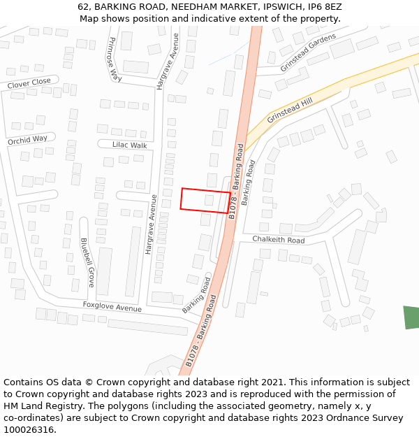 62, BARKING ROAD, NEEDHAM MARKET, IPSWICH, IP6 8EZ: Location map and indicative extent of plot