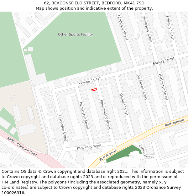 62, BEACONSFIELD STREET, BEDFORD, MK41 7SD: Location map and indicative extent of plot