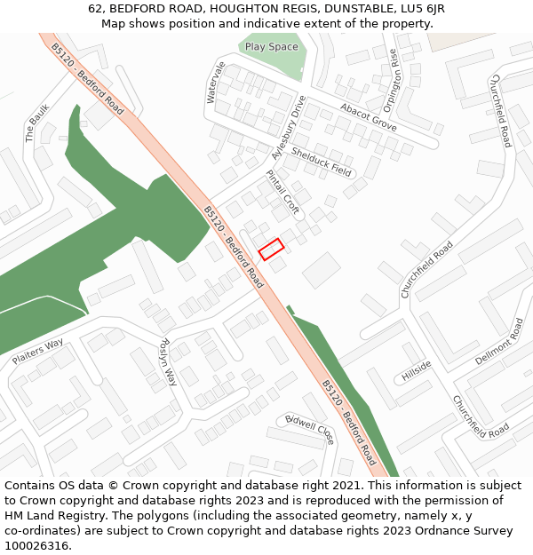 62, BEDFORD ROAD, HOUGHTON REGIS, DUNSTABLE, LU5 6JR: Location map and indicative extent of plot