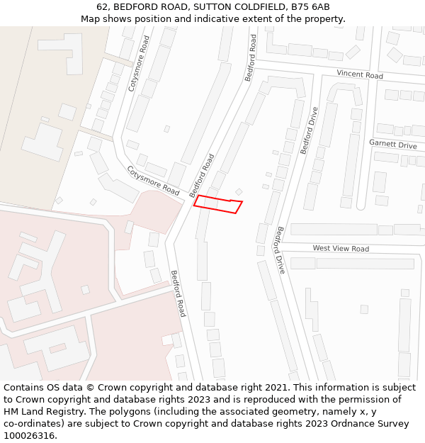 62, BEDFORD ROAD, SUTTON COLDFIELD, B75 6AB: Location map and indicative extent of plot