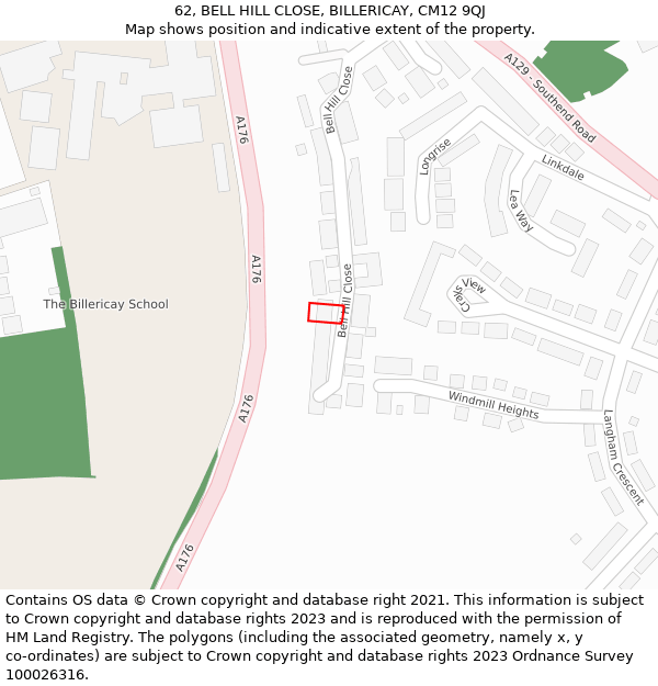 62, BELL HILL CLOSE, BILLERICAY, CM12 9QJ: Location map and indicative extent of plot