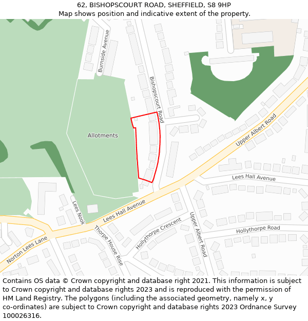 62, BISHOPSCOURT ROAD, SHEFFIELD, S8 9HP: Location map and indicative extent of plot