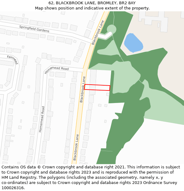 62, BLACKBROOK LANE, BROMLEY, BR2 8AY: Location map and indicative extent of plot
