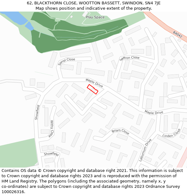 62, BLACKTHORN CLOSE, WOOTTON BASSETT, SWINDON, SN4 7JE: Location map and indicative extent of plot