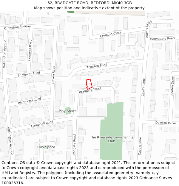 62, BRADGATE ROAD, BEDFORD, MK40 3GB: Location map and indicative extent of plot