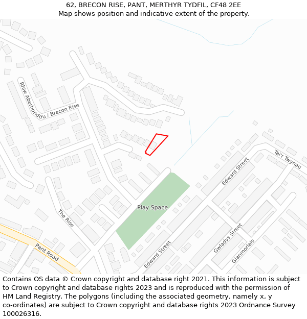 62, BRECON RISE, PANT, MERTHYR TYDFIL, CF48 2EE: Location map and indicative extent of plot