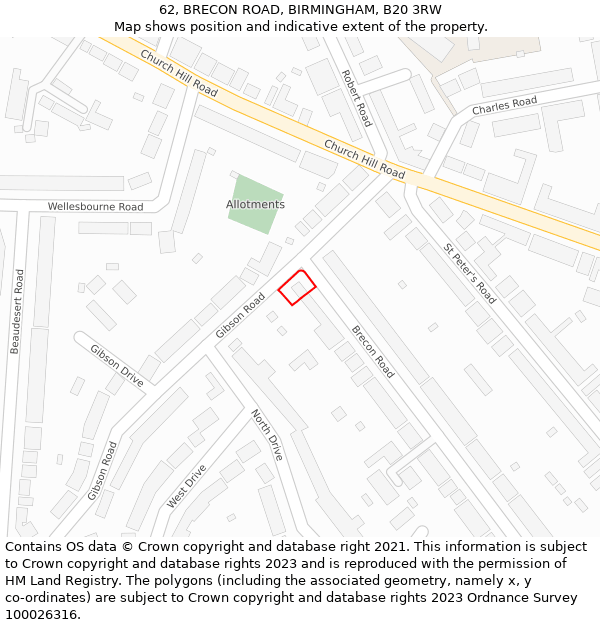 62, BRECON ROAD, BIRMINGHAM, B20 3RW: Location map and indicative extent of plot