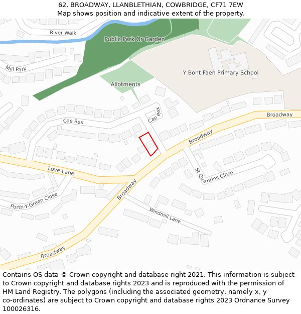 62, BROADWAY, LLANBLETHIAN, COWBRIDGE, CF71 7EW: Location map and indicative extent of plot