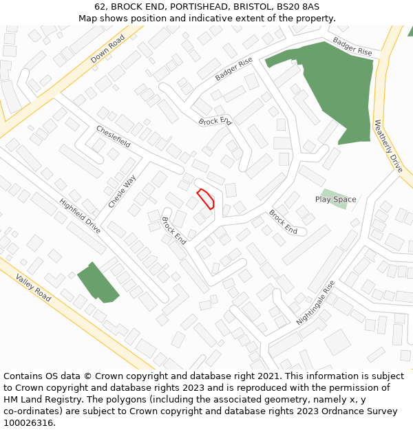62, BROCK END, PORTISHEAD, BRISTOL, BS20 8AS: Location map and indicative extent of plot