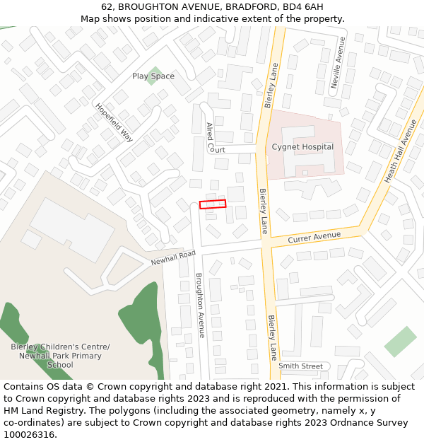 62, BROUGHTON AVENUE, BRADFORD, BD4 6AH: Location map and indicative extent of plot