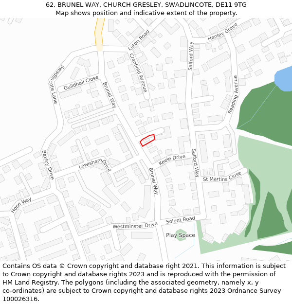62, BRUNEL WAY, CHURCH GRESLEY, SWADLINCOTE, DE11 9TG: Location map and indicative extent of plot