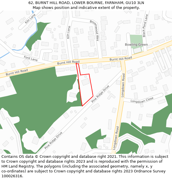 62, BURNT HILL ROAD, LOWER BOURNE, FARNHAM, GU10 3LN: Location map and indicative extent of plot