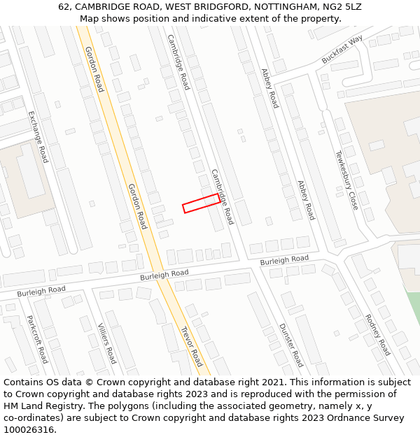 62, CAMBRIDGE ROAD, WEST BRIDGFORD, NOTTINGHAM, NG2 5LZ: Location map and indicative extent of plot