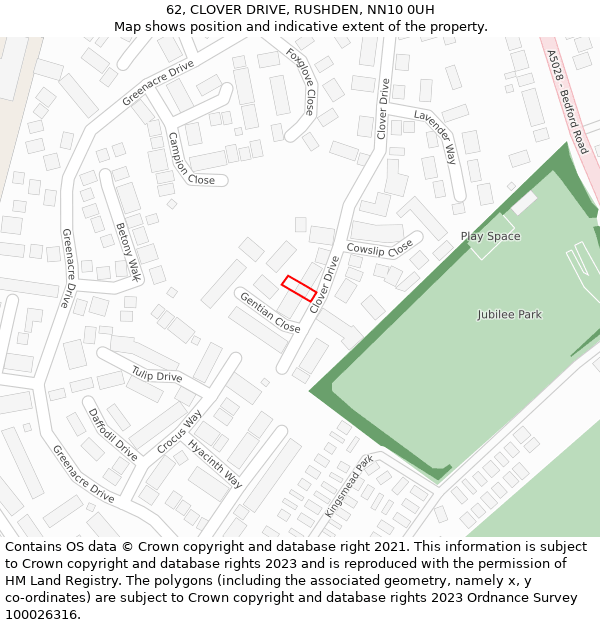 62, CLOVER DRIVE, RUSHDEN, NN10 0UH: Location map and indicative extent of plot