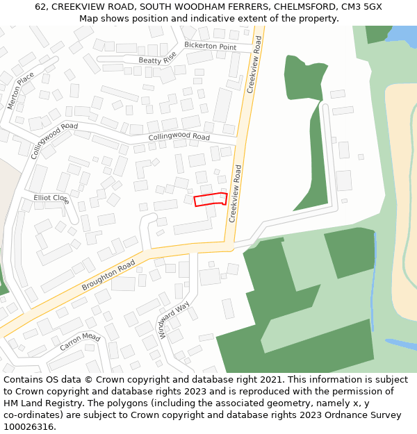 62, CREEKVIEW ROAD, SOUTH WOODHAM FERRERS, CHELMSFORD, CM3 5GX: Location map and indicative extent of plot