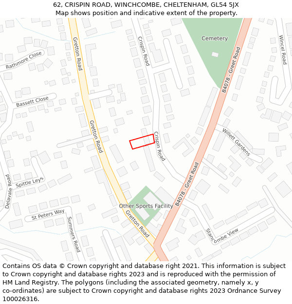 62, CRISPIN ROAD, WINCHCOMBE, CHELTENHAM, GL54 5JX: Location map and indicative extent of plot