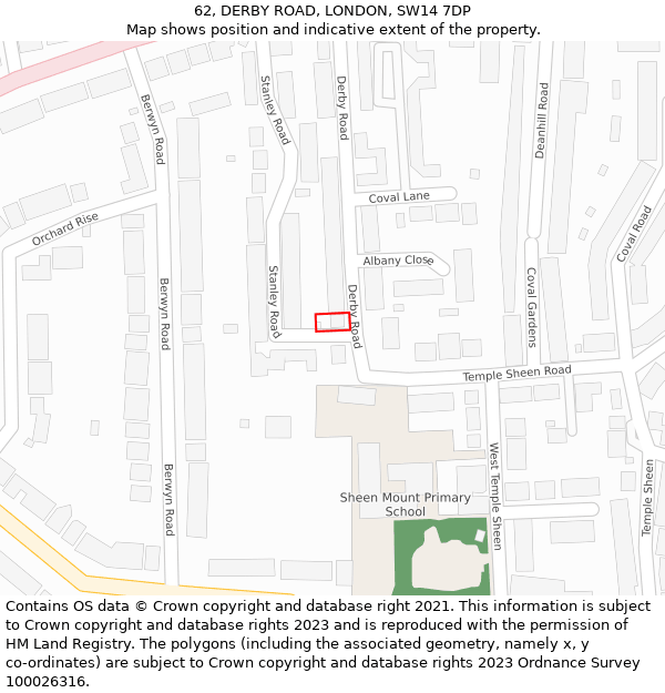 62, DERBY ROAD, LONDON, SW14 7DP: Location map and indicative extent of plot