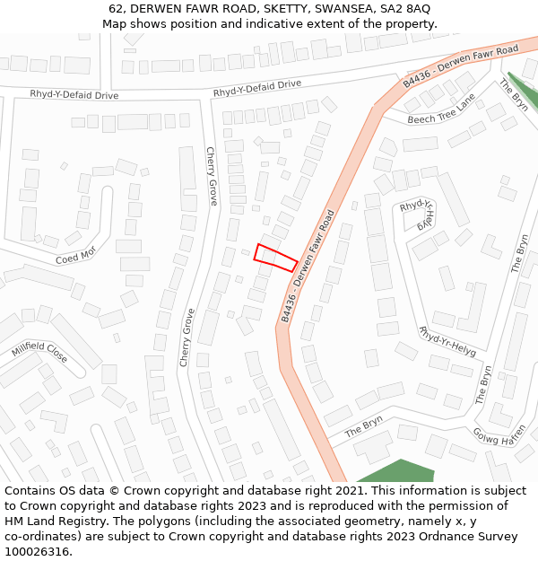 62, DERWEN FAWR ROAD, SKETTY, SWANSEA, SA2 8AQ: Location map and indicative extent of plot