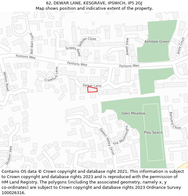 62, DEWAR LANE, KESGRAVE, IPSWICH, IP5 2GJ: Location map and indicative extent of plot