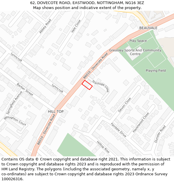 62, DOVECOTE ROAD, EASTWOOD, NOTTINGHAM, NG16 3EZ: Location map and indicative extent of plot