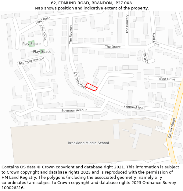 62, EDMUND ROAD, BRANDON, IP27 0XA: Location map and indicative extent of plot