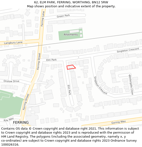 62, ELM PARK, FERRING, WORTHING, BN12 5RW: Location map and indicative extent of plot