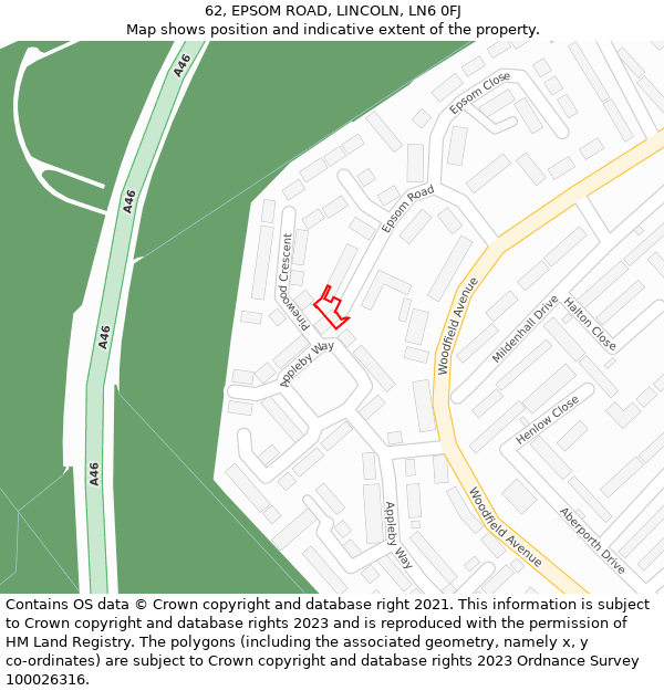 62, EPSOM ROAD, LINCOLN, LN6 0FJ: Location map and indicative extent of plot
