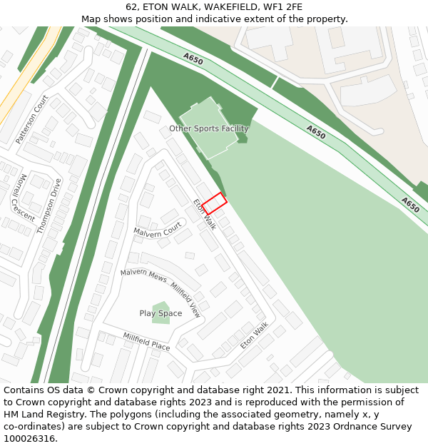 62, ETON WALK, WAKEFIELD, WF1 2FE: Location map and indicative extent of plot