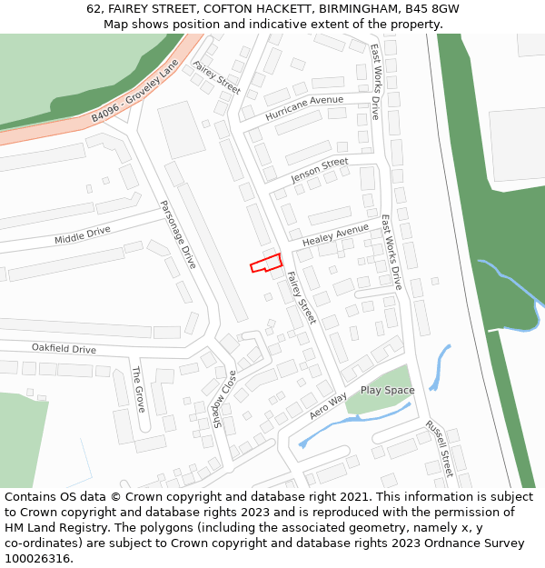 62, FAIREY STREET, COFTON HACKETT, BIRMINGHAM, B45 8GW: Location map and indicative extent of plot