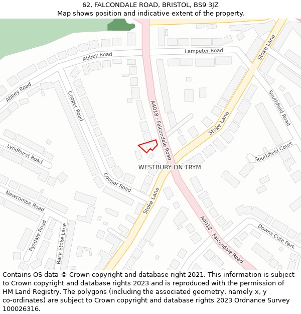 62, FALCONDALE ROAD, BRISTOL, BS9 3JZ: Location map and indicative extent of plot