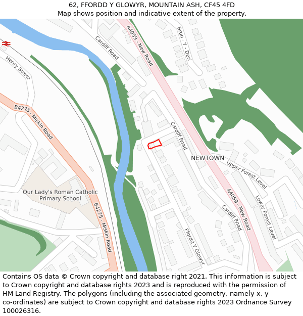 62, FFORDD Y GLOWYR, MOUNTAIN ASH, CF45 4FD: Location map and indicative extent of plot