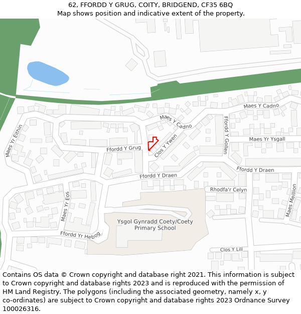 62, FFORDD Y GRUG, COITY, BRIDGEND, CF35 6BQ: Location map and indicative extent of plot