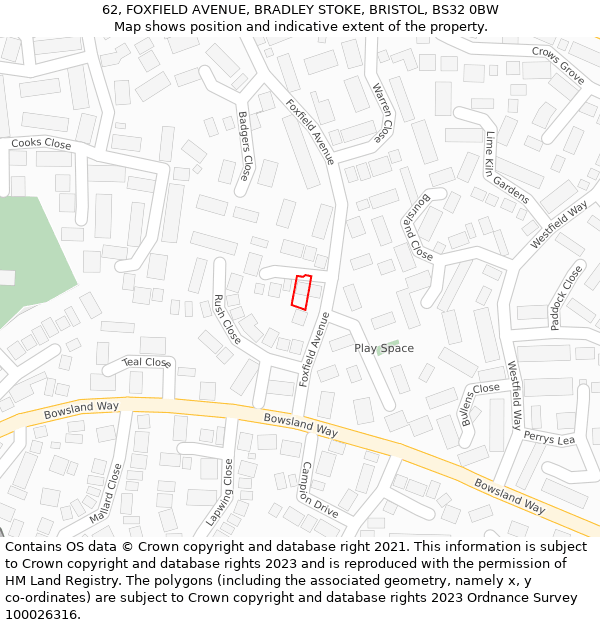 62, FOXFIELD AVENUE, BRADLEY STOKE, BRISTOL, BS32 0BW: Location map and indicative extent of plot