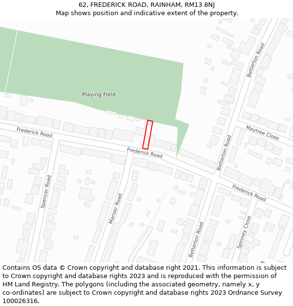 62, FREDERICK ROAD, RAINHAM, RM13 8NJ: Location map and indicative extent of plot
