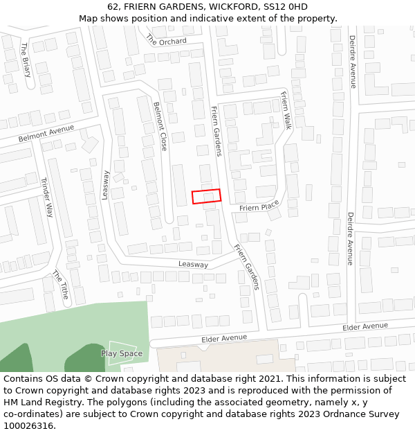 62, FRIERN GARDENS, WICKFORD, SS12 0HD: Location map and indicative extent of plot
