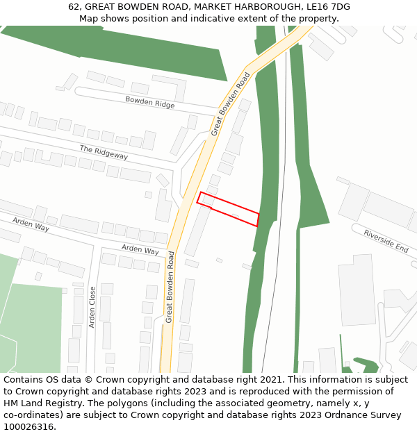 62, GREAT BOWDEN ROAD, MARKET HARBOROUGH, LE16 7DG: Location map and indicative extent of plot