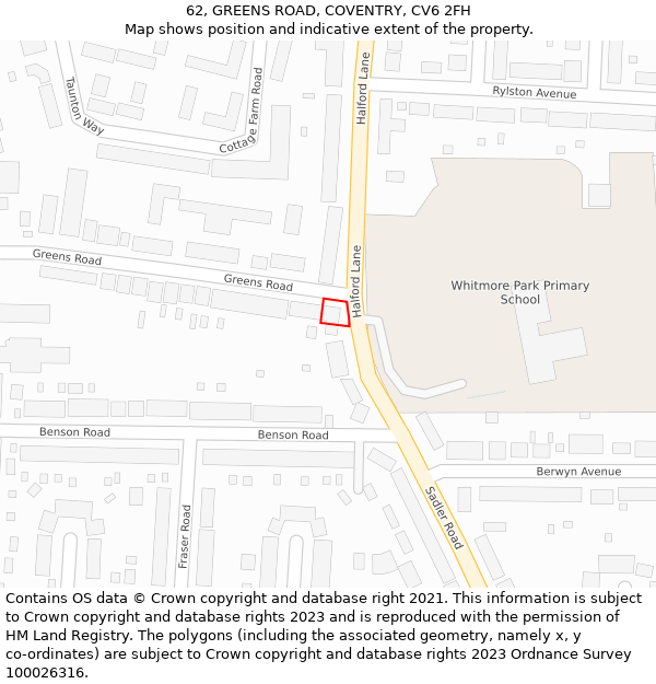 62, GREENS ROAD, COVENTRY, CV6 2FH: Location map and indicative extent of plot